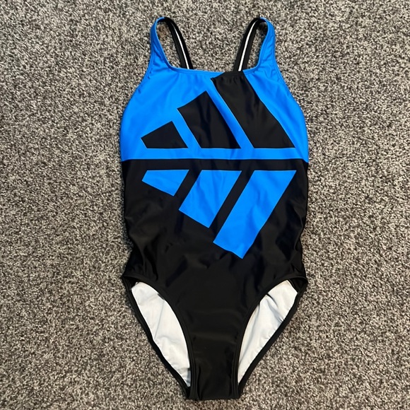 Adidas Womens Blue Black 3 Bars One-Piece Swimsuit Size 6 NWT - Picture 1 of 6